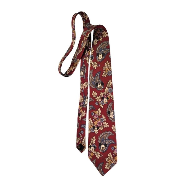 Disney Other - Vintage Walt Disney Silk Tie MICKEY Mouse Red Paisley Floral & Leaves 59"